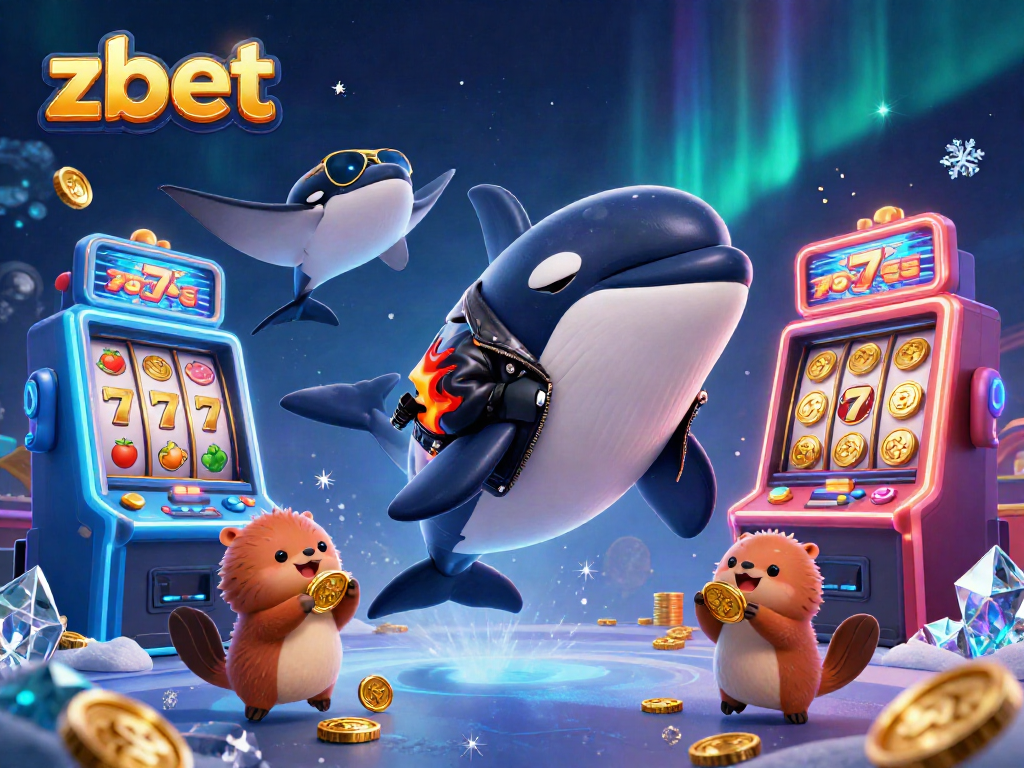 Experience winnings with zbet through vibrant slot machines and animated characters in a colorful casino scene.