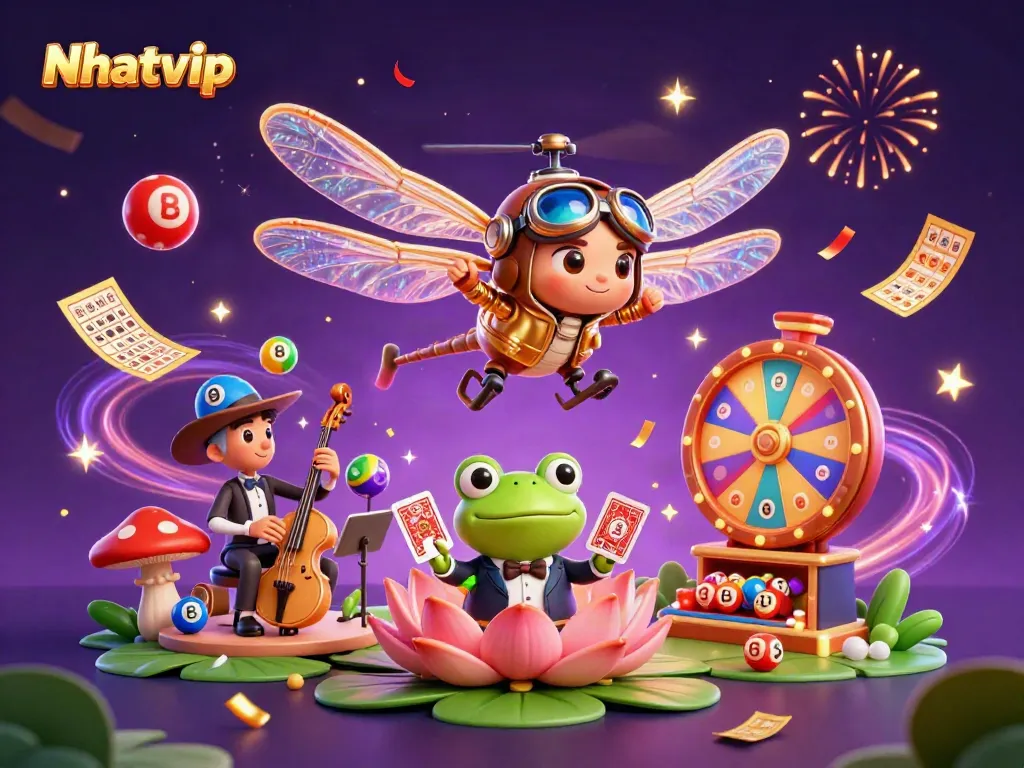 Nhatvip entertains with a vibrant casino scene featuring a dragonfly pilot, frog croupier, and celebrating musicians.