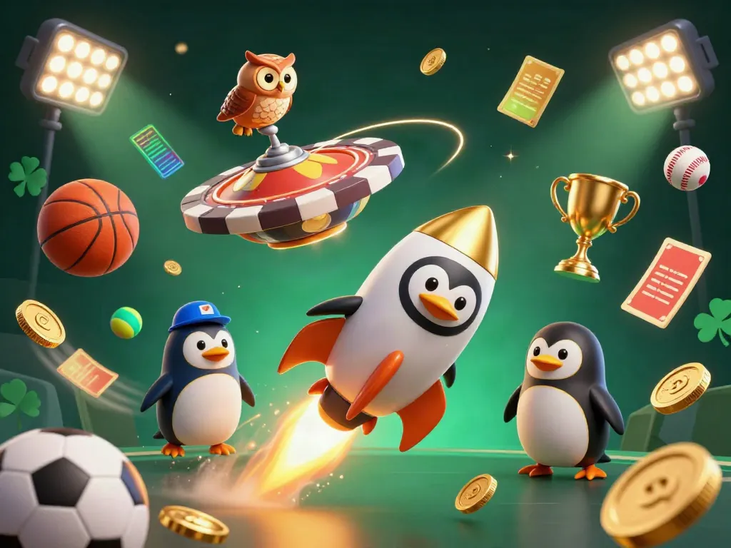 Experience thrilling bets with gaking79vt as a golden penguin navigates a vibrant casino space.