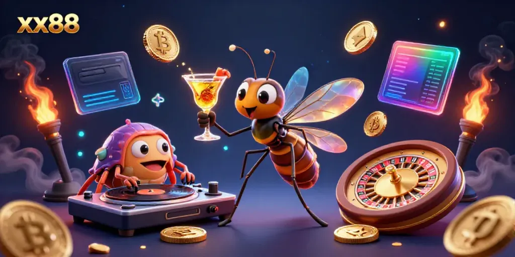 Experience the thrilling action of xx88 casino with vibrant characters and crypto elements.