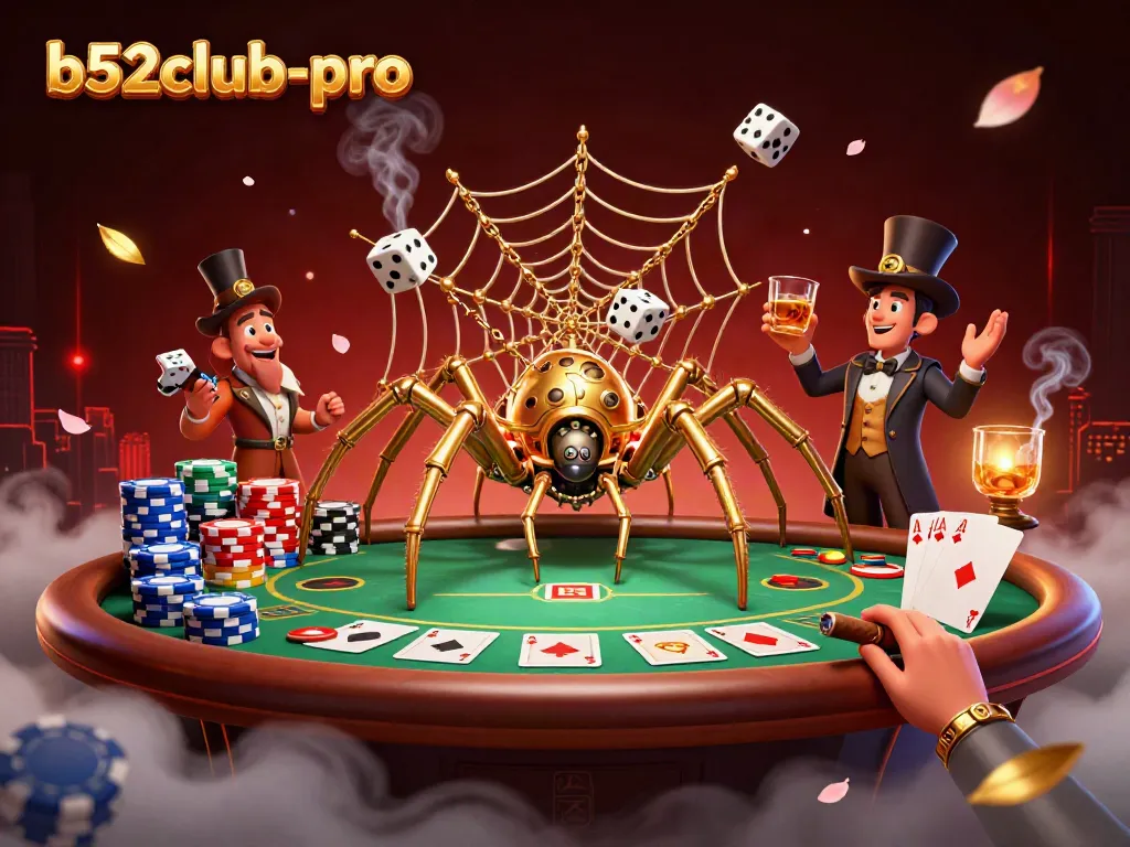 Engage with the b52club-pro ambiance featuring a steampunk spider and poker elements in a vibrant casino scene.