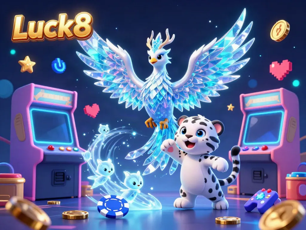 Engage with Luck8 in a colorful 3D illustration featuring an ice phoenix, poker chip, and dynamic arcade game elements.