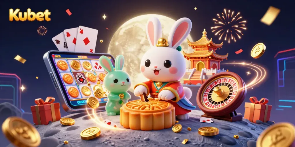 Kubet's moon rabbit reveals poker chips while celebrating with vibrant casino elements