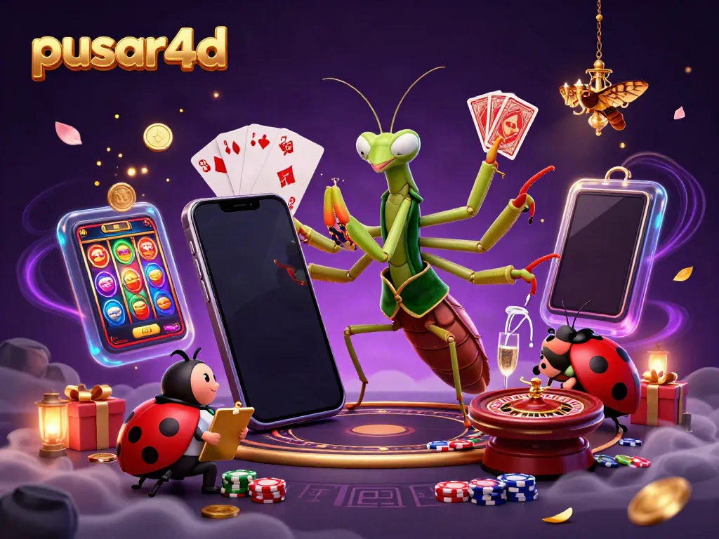Pusar4d animated scene with a giant praying mantis card sharp and a ladybug pit boss managing casino games