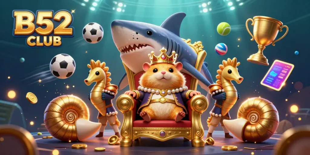 B52 CLUB showcases a fierce golden hamster king amidst dynamic gaming elements, enhancing online gaming excitement.