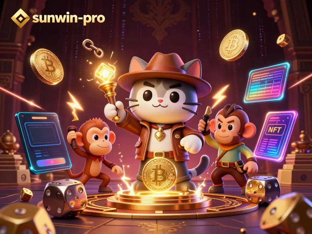 Experience thrilling action in sunwin-pro's golden casino discovery scene featuring an adventurous cat and monkey.