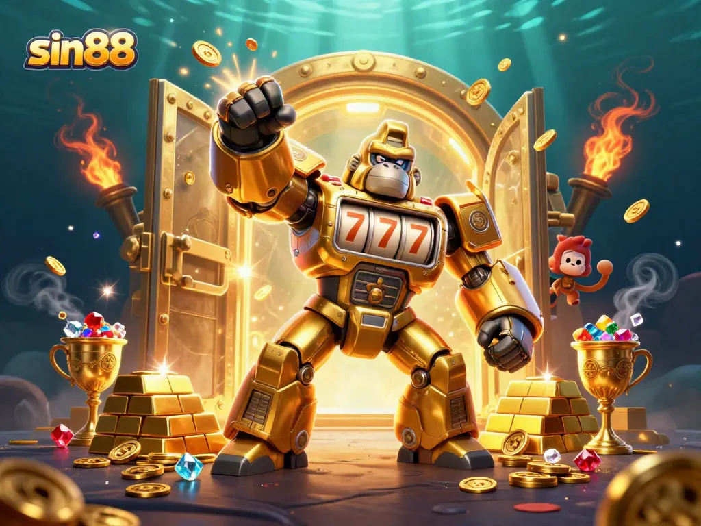 Experience the excitement of sin88 with a vibrant 3D illustration of a golden gorilla mech amidst treasures.