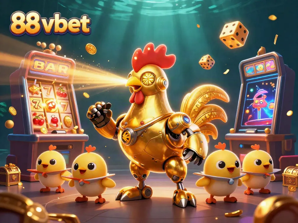 Experience the vibrant world of 88 vbet with golden rooster robots in a casino-themed explosion of colors and wealth.