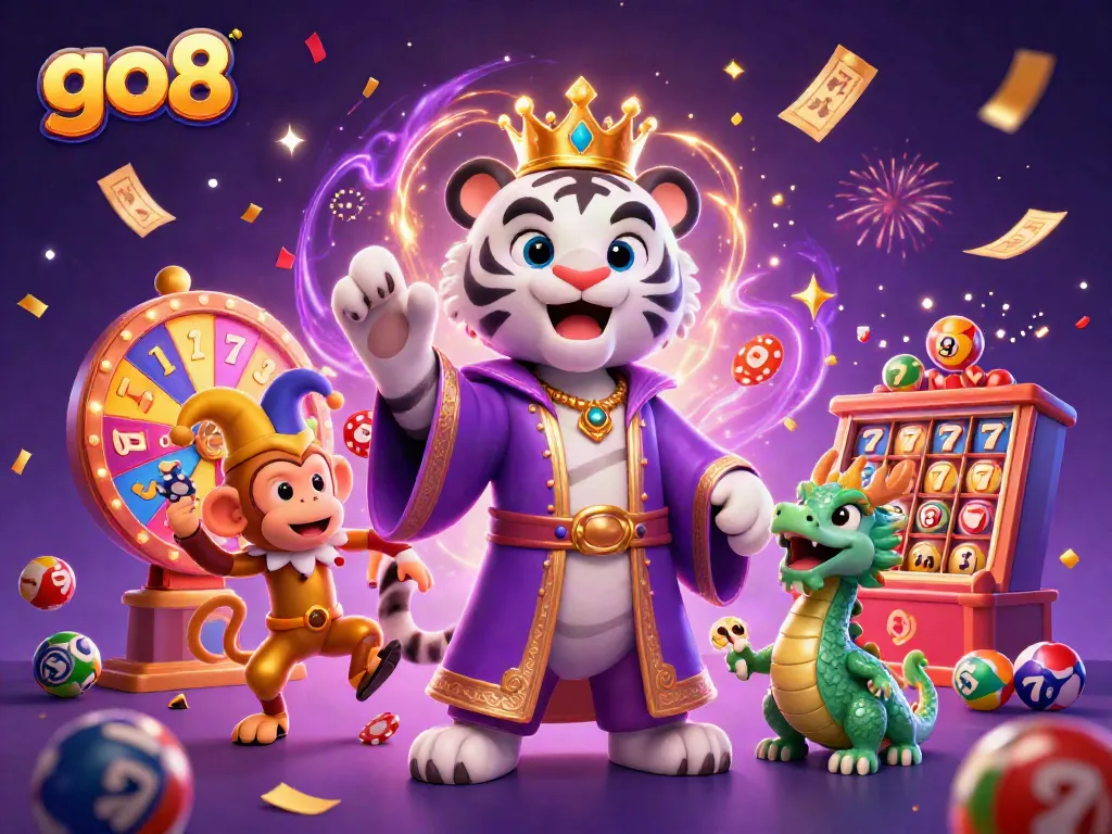Engage with go8's vibrant casino adventure featuring a regal tiger, a playful monkey, and dynamic game elements.