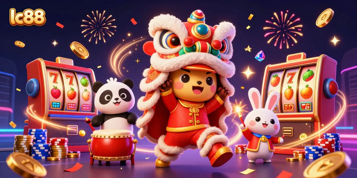 lc88 showcases an exciting lion dance amidst golden coins and vibrant slot machines