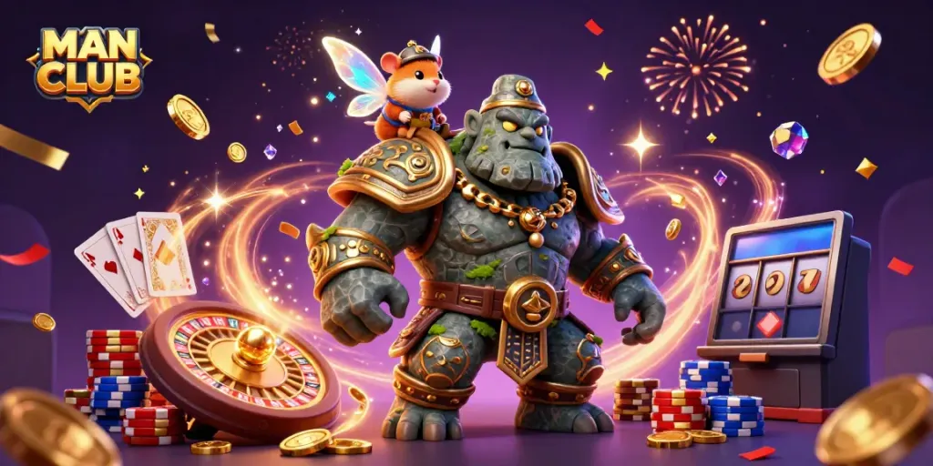 Experience thrilling adventures with MAN CLUB as a golem, fairy, and hamster knight celebrate casino wins.