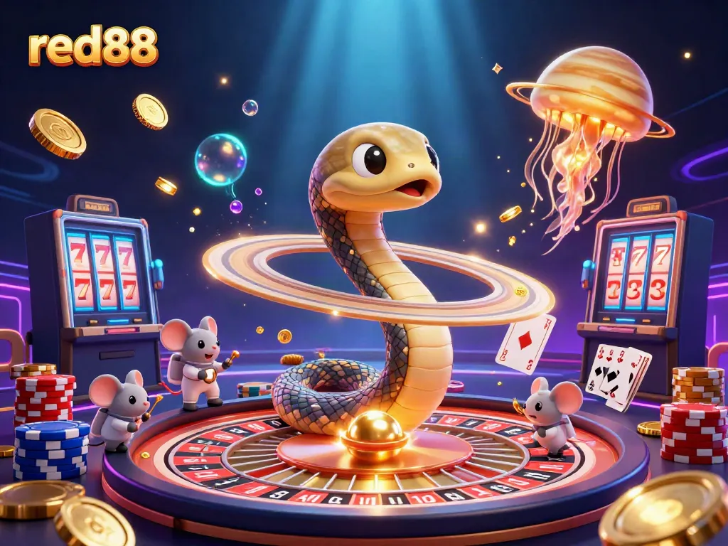 Betting on red88's roulette wheel with cartoon characters in a vibrant casino scene.