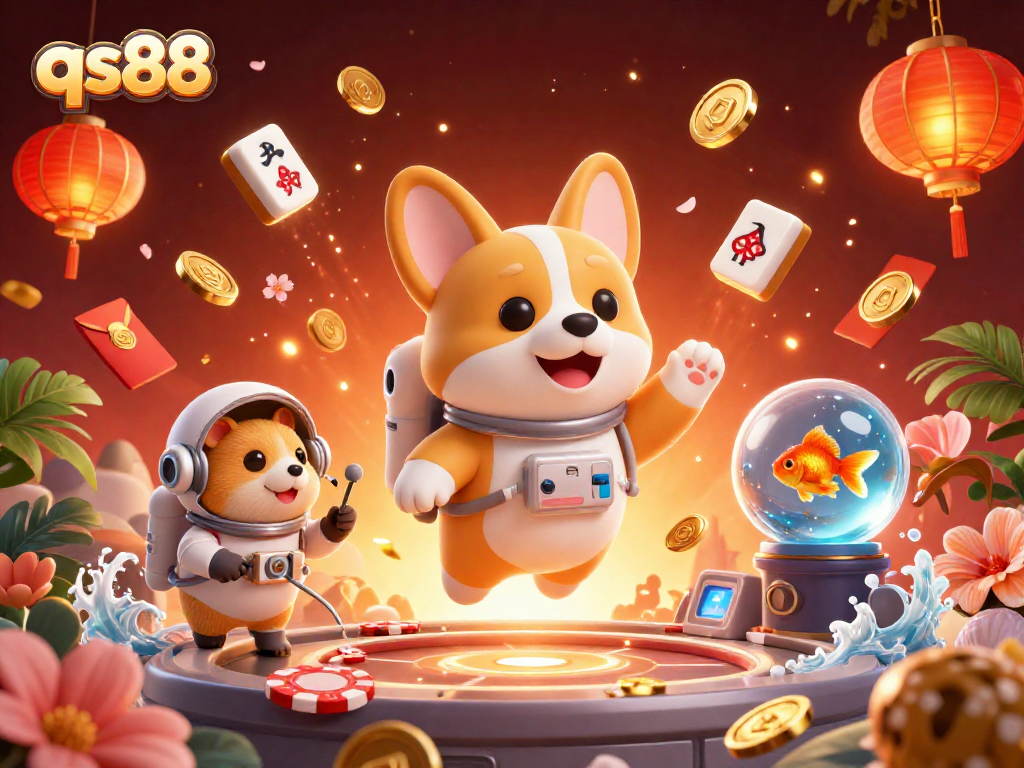 Experience the excitement of qs88 with a vibrant space casino scene featuring an astronaut corgi and drifting gaming elements.