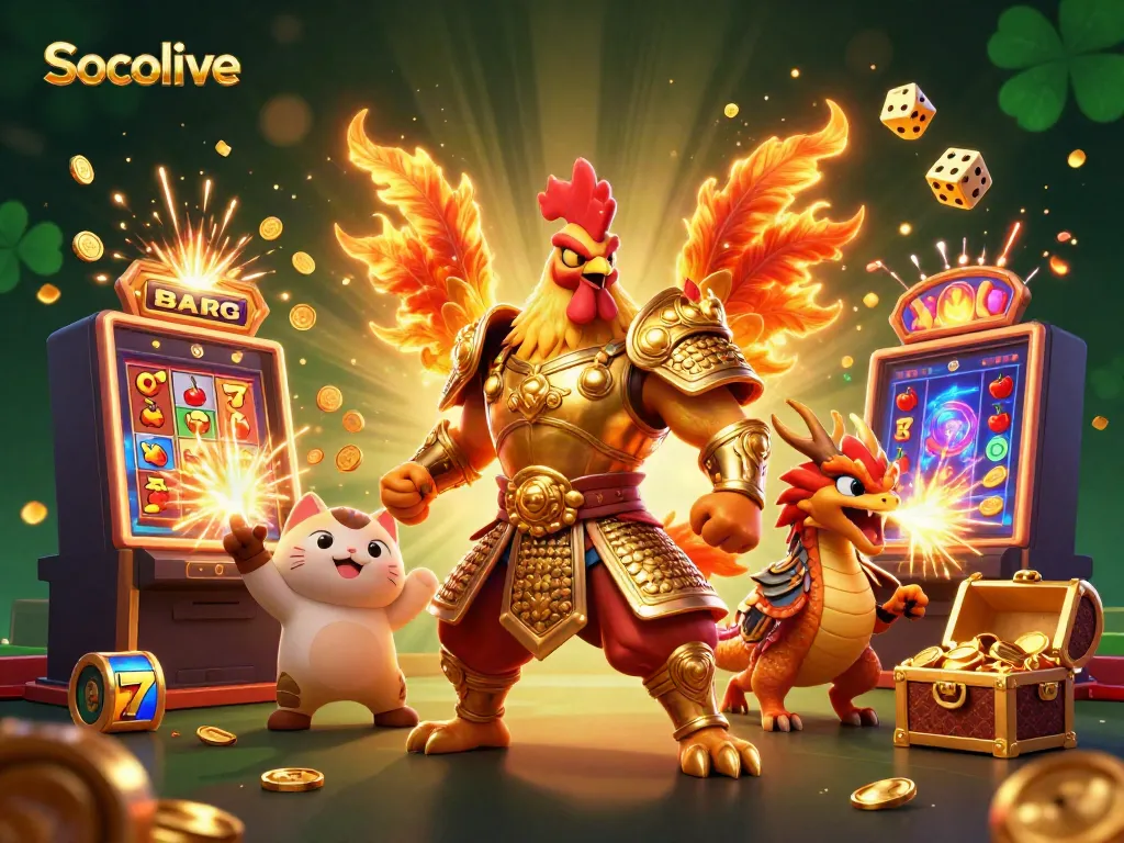 Experience Socolive through an explosive casino scene featuring a samurai rooster warrior amidst jackpots and golden sparks.