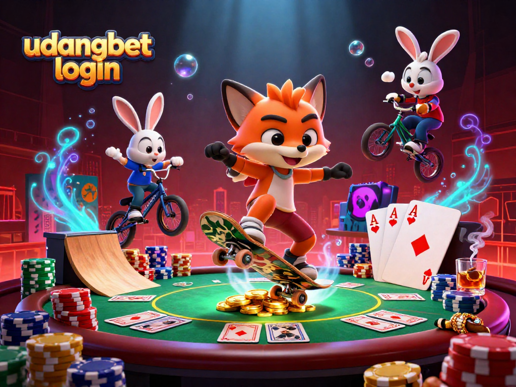 Experience thrilling udangbet login action with a 3D fox skateboarder and rabbit BMX rider amidst vibrant casino elements.