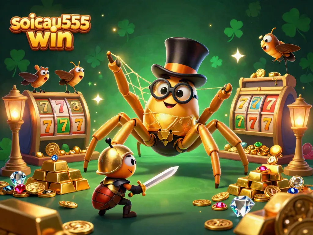 This dynamic scene depicts soicau555 win with a golden tarantula, a beetle knight, and slot reels in a colorful casino.