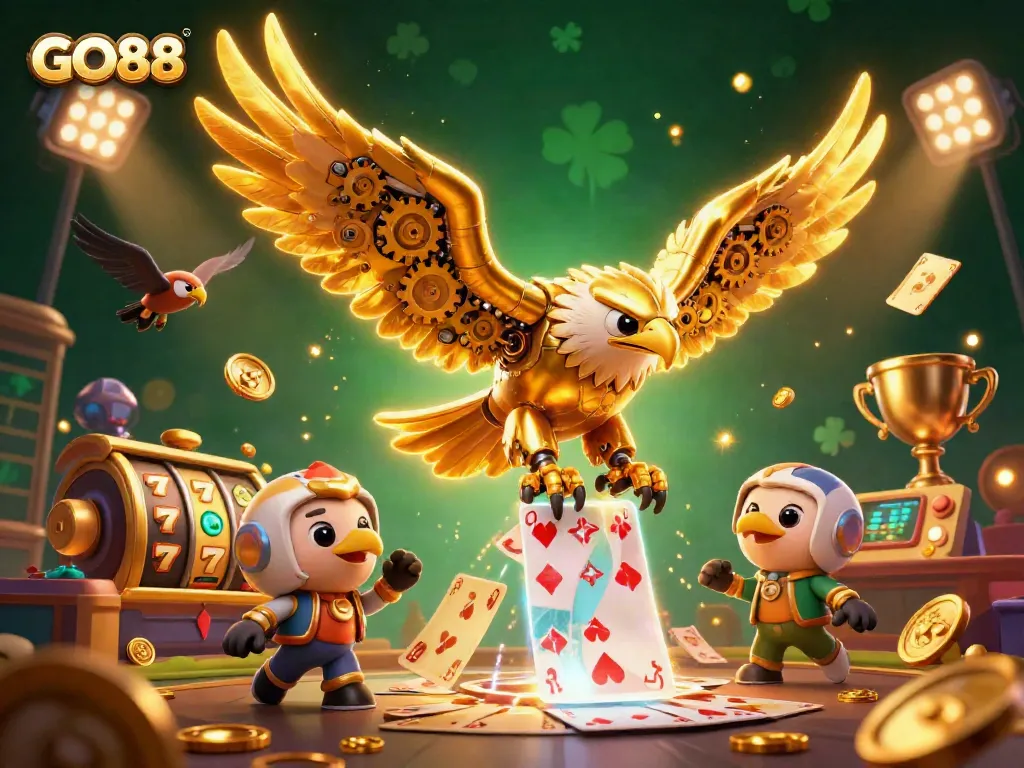 Experience GO88's thrilling action with a golden eagle soaring through a dynamic casino landscape.
