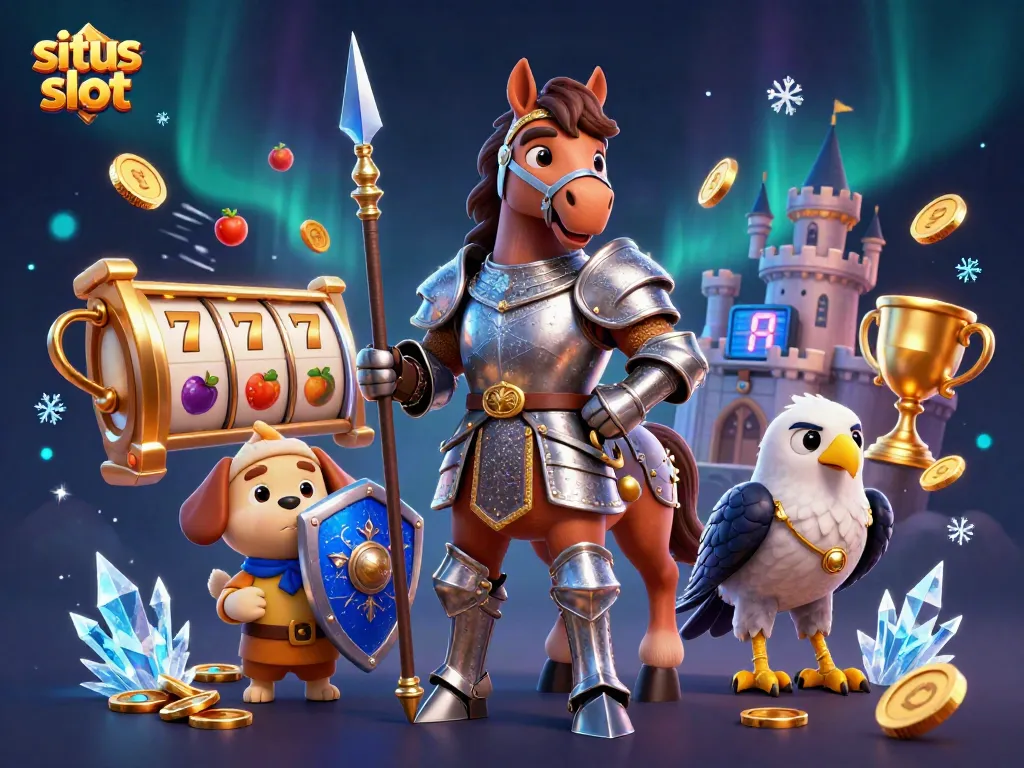 Engage with situs slot by spinning jackpots and reels, surrounded by knight and golden coins.
