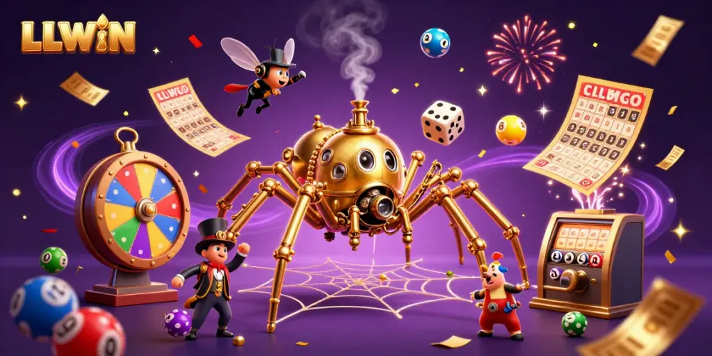 LLWIN showcases a vibrant 3D casino scene with colorful lottery elements amidst dynamic gaming action.