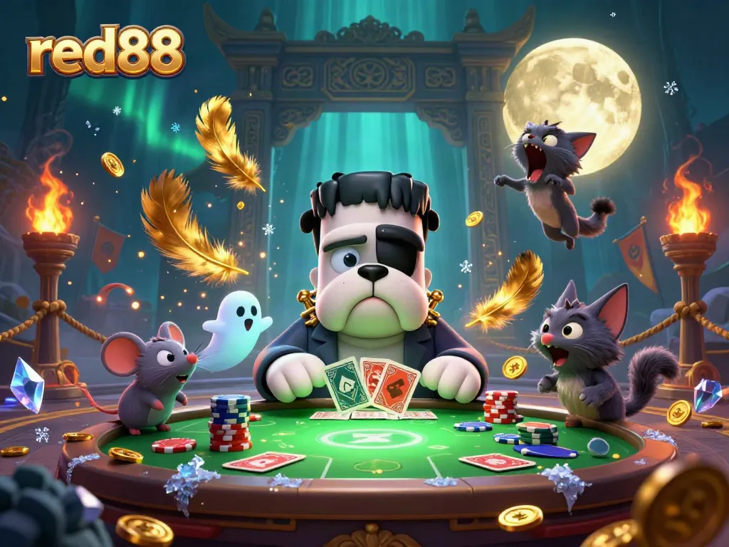Experience thrilling gameplay with red88 as a lively Frankenstein bulldog deals cards in a vibrant casino atmosphere.