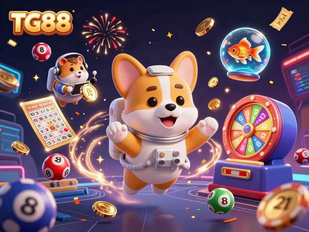 Experience fun and excitement at TG88 casino with floating characters and dynamic casino elements