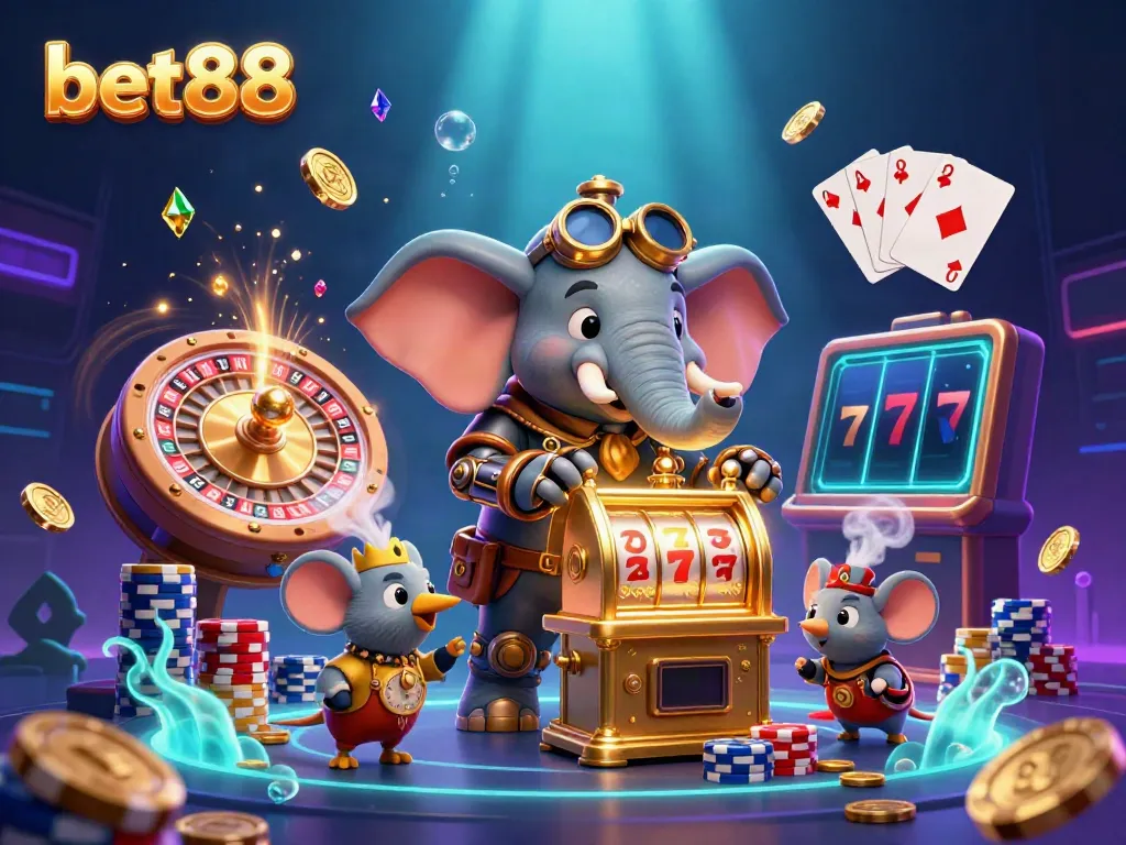 Experience thrilling gameplay at bet88 with a steampunk elephant operating a slot machine, surrounded by casino elements.