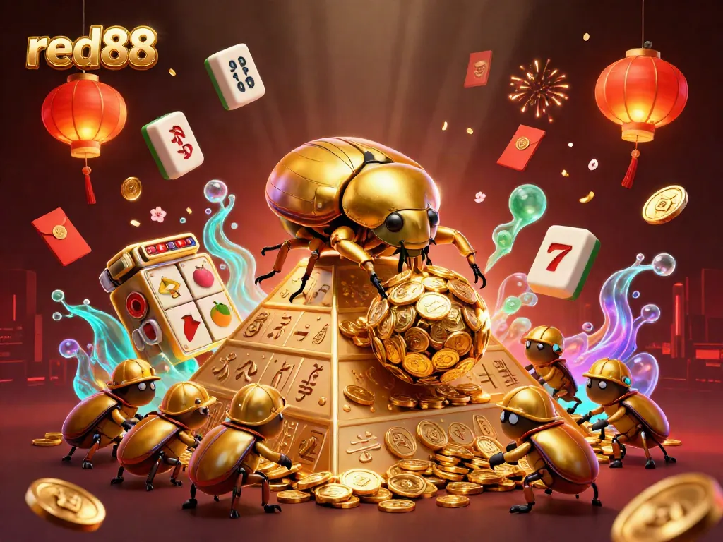 Engage with red88 in a vibrant casino scene filled with golden coins, sparkling symbols, and animated game elements.
