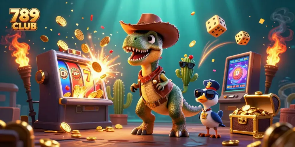 Experience the excitement at 789 CLUB with a wild T-Rex and friends amid thrilling casino action.