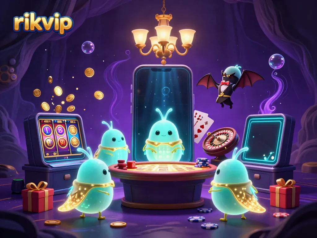 Experience the vibrant rikvip casino scene illuminated by glowworms, featuring exciting slot games and a bat dealer.