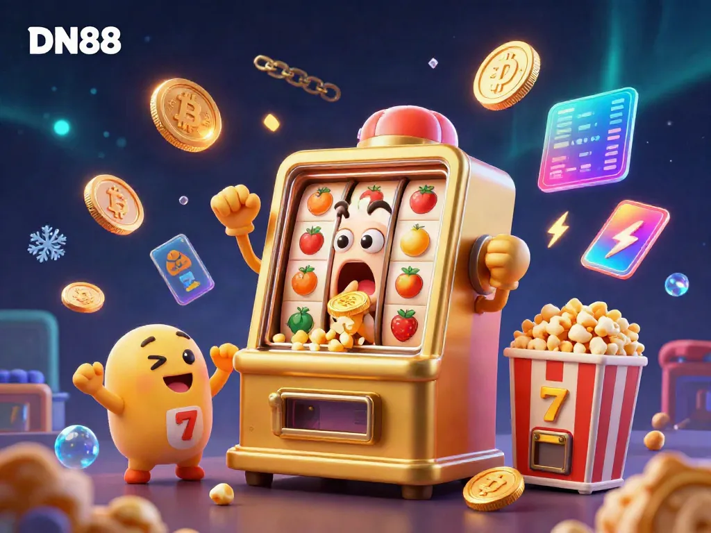 DN88 slot machine celebrating its jackpot win, surrounded by crypto coins and vibrant casino elements.
