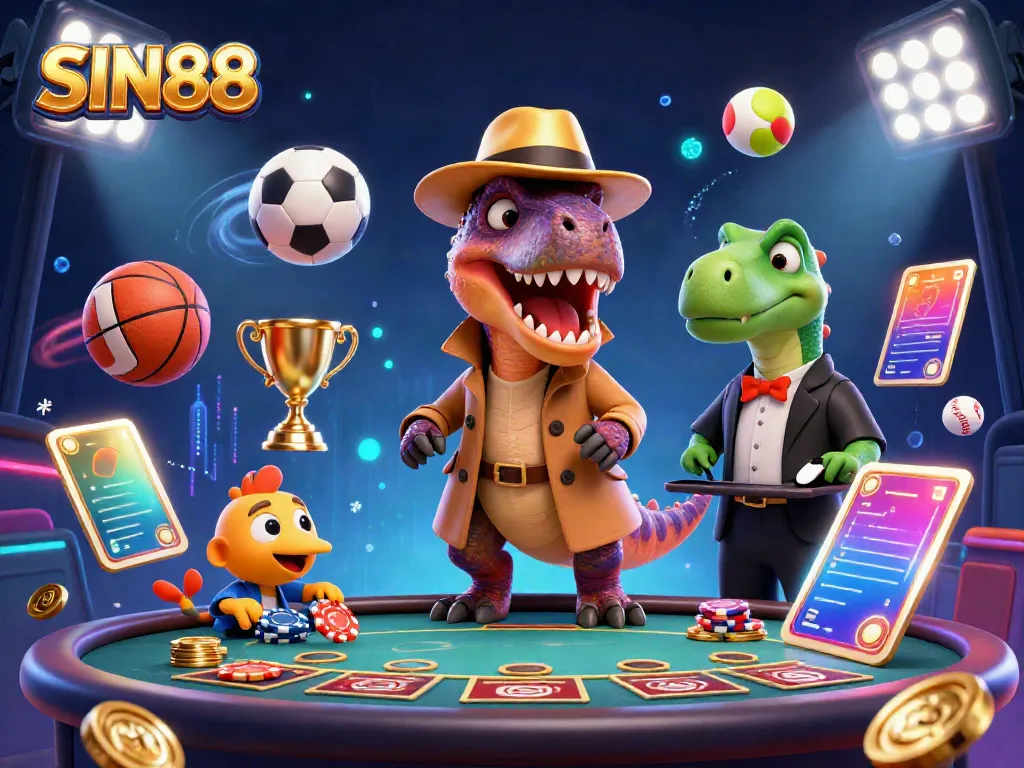 SIN88 brand illustration with a velociraptor at a blackjack table, mixing sports and casino elements.