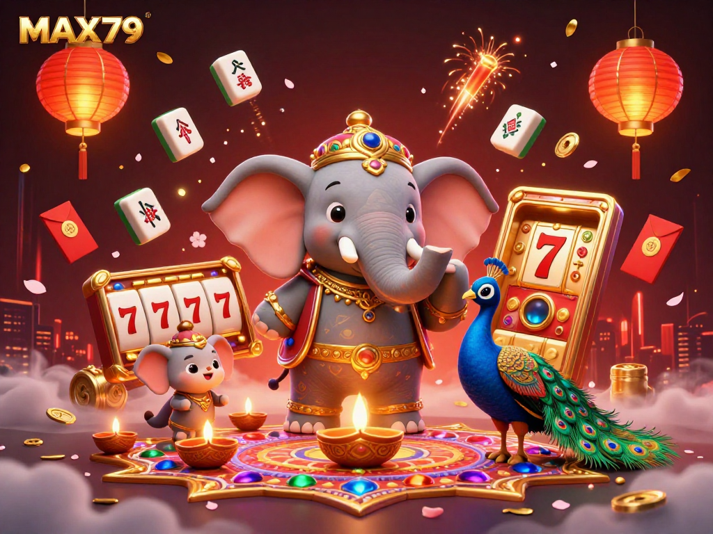 Spinning the reels at MAX79 with vibrant 3D characters surrounded by slot elements and festive decorations.