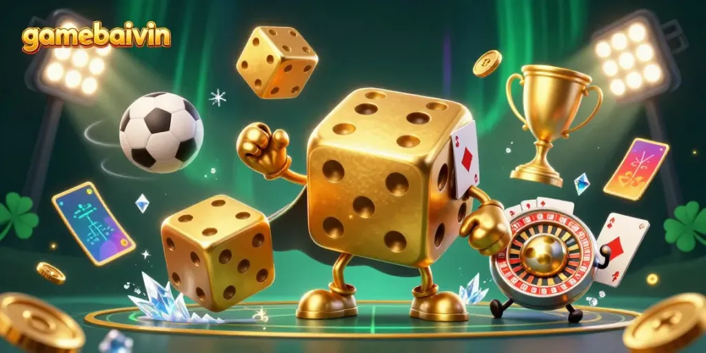 Gamebaivin showcases a vibrant 3D illustration of golden dice characters in an energetic casino setting.