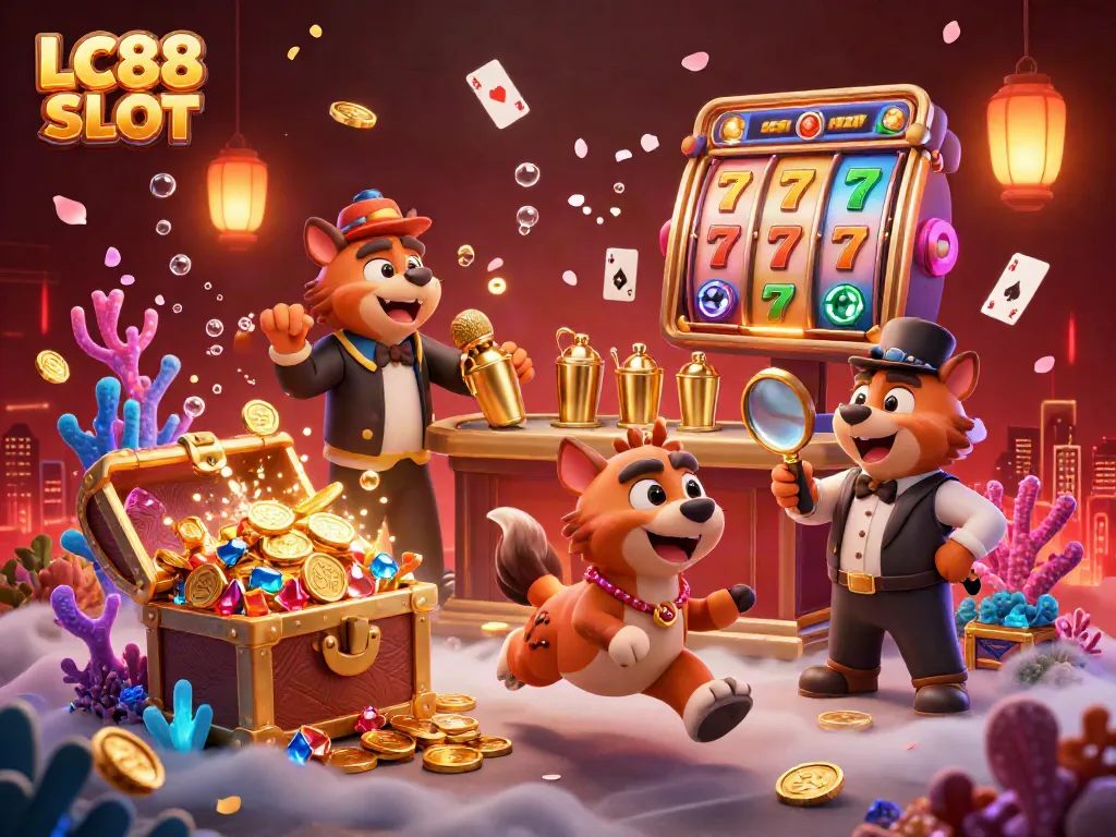 Experience vibrant LC88 SLOT action with hyenas in a dynamic casino scene filled with colorful elements and gold treasures.