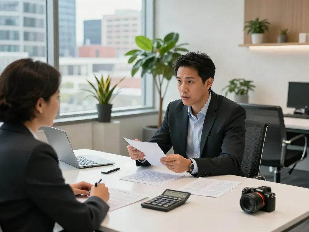 Calgary payday loan consultation scene showing a consultant and client discussing financial options.