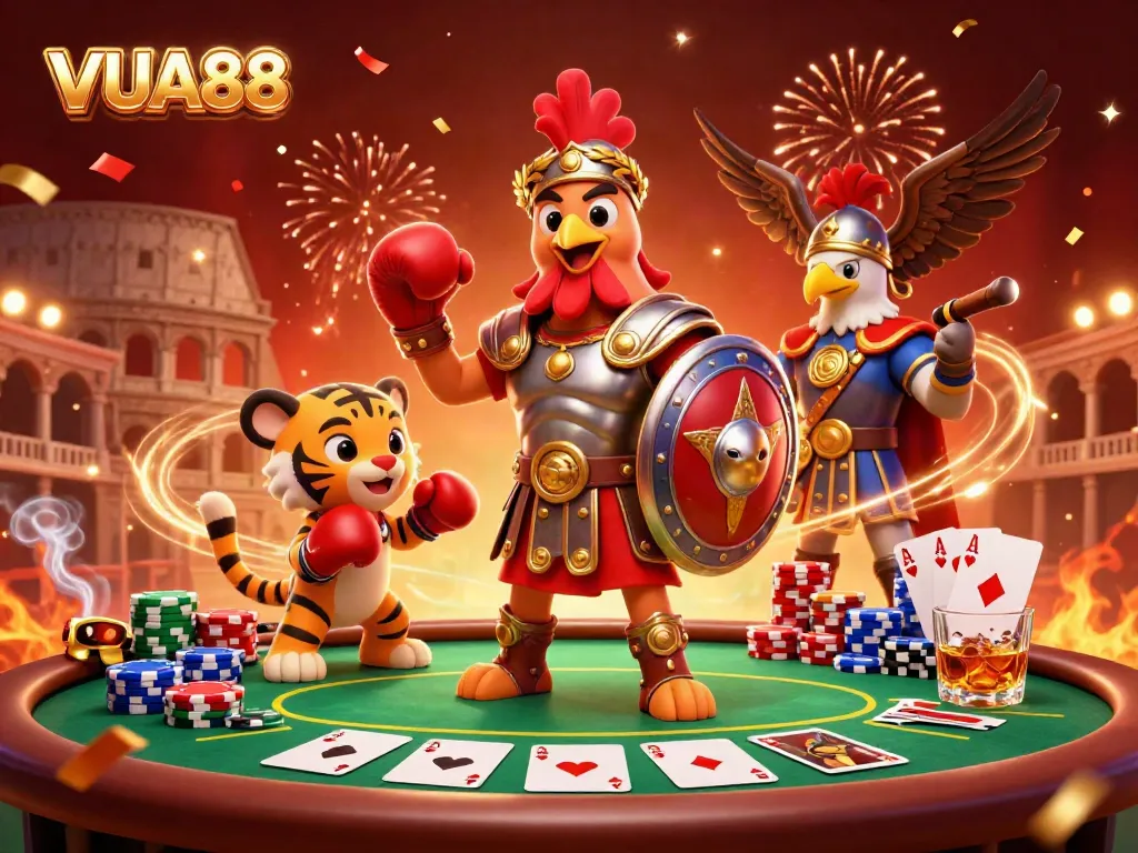VUA88 showcases an electrifying casino scene with a gladiator rooster and a tiger cub among vibrant poker elements.