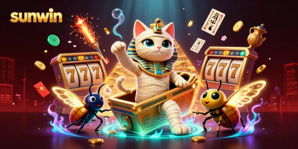 Experience the excitement of Sunwin as a mummy cat bursts from a casino sarcophagus, surrounded by vibrant gaming elements.