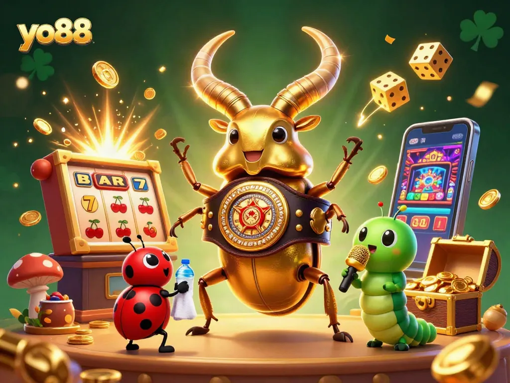yo88 showcases an energetic illustration of colorful casino elements and iconic characters in a vibrant scene