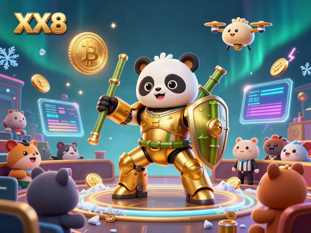 Engage with the vibrant XX8 casino scene featuring a mech-suit panda and crypto elements amidst cheering animals.