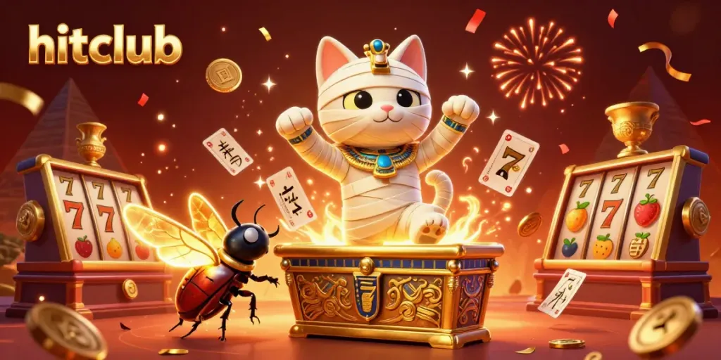 Experience the vibrant hitclub casino scene with a mummy cat bursting from a sarcophagus, adding excitement to your gaming.