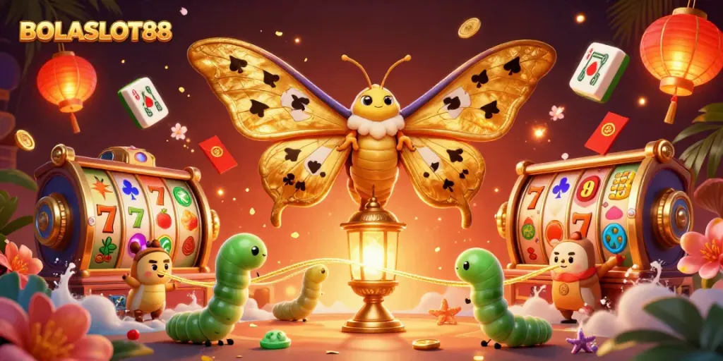 BOLASLOT88 spins the slot reels in a vibrant casino scene with intricate elements and rich details.