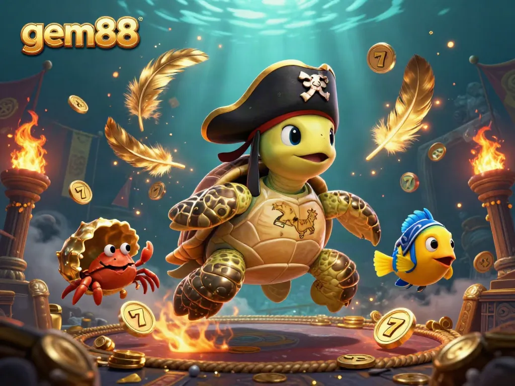 Experience gem88's unique world with a cartoon pirate turtle, crab, and fish amidst vibrant casino elements.