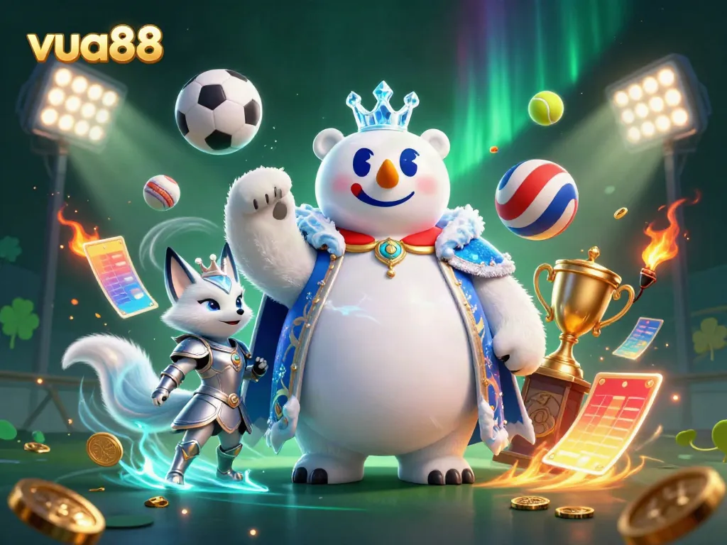 Engage in thrilling gameplay at Vua88 with unique characters surrounded by vibrant sports elements and casino excitement.