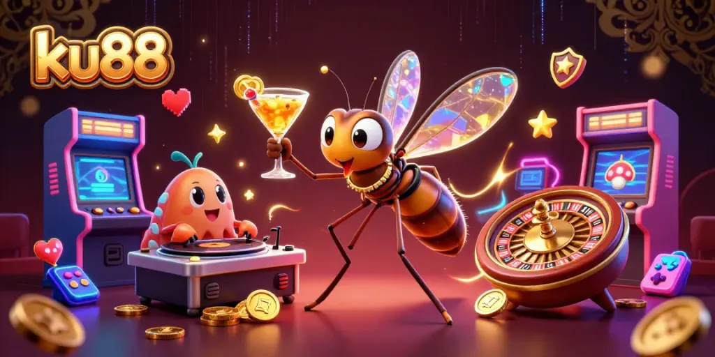 ku88 showcases an animated casino scene with a mosquito mascot, trilobite DJ, and rich gaming elements.