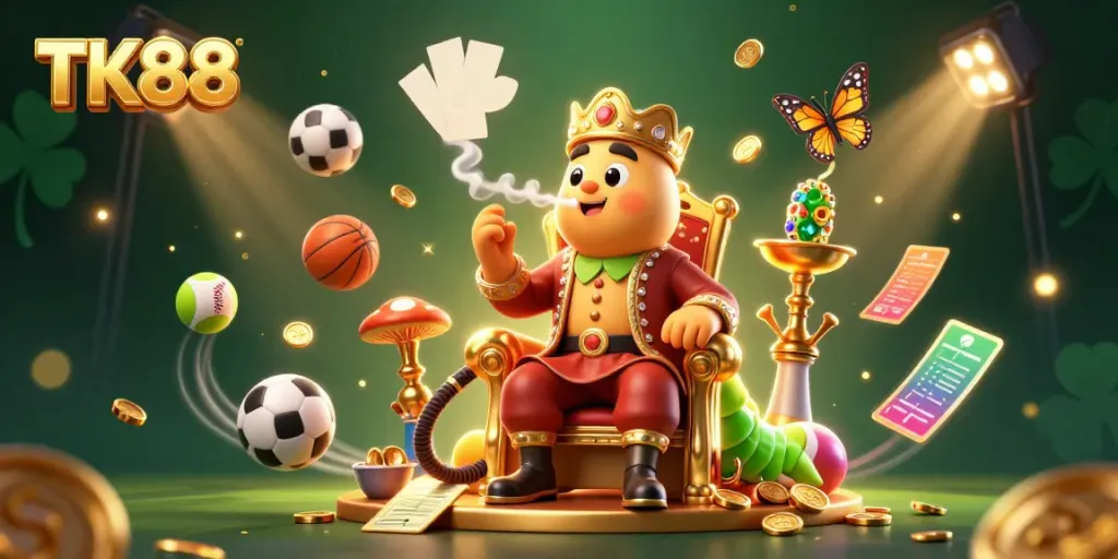 Experience the thrill of betting at TK88 with a vibrant 3D casino illustration showcasing dynamic game elements.