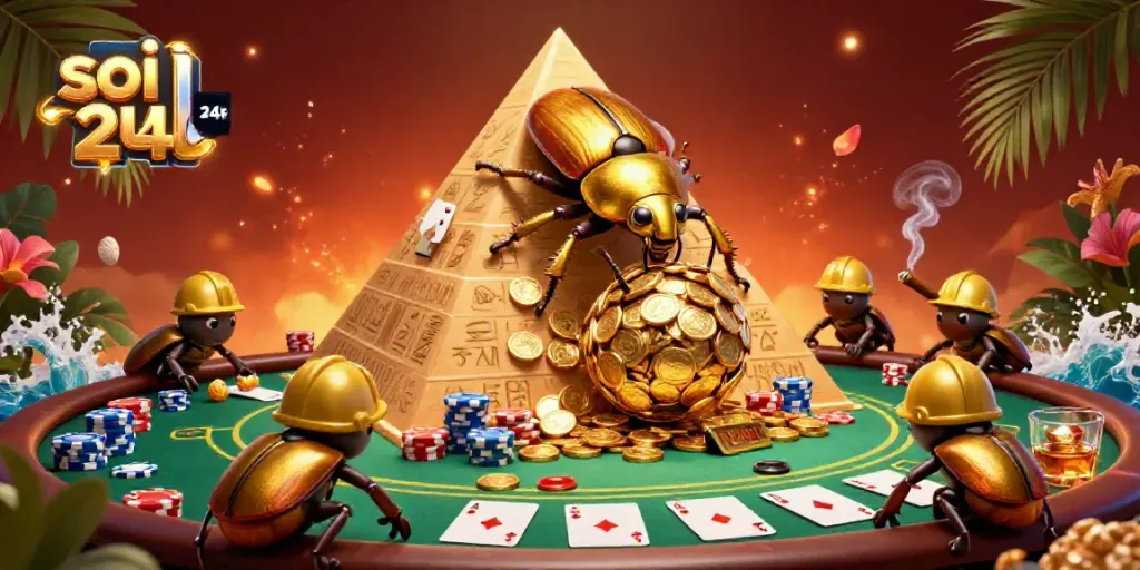 Soi cầu 24h showcases a vibrant scene with a golden dung beetle rolling coins, lively poker action, and stunning graphics.