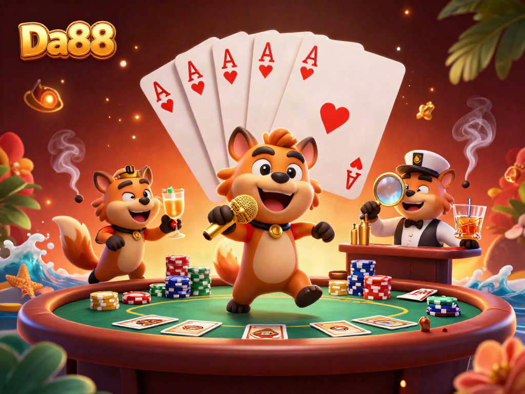 Experience the excitement at Da88's casino comedy show with lively hyenas and poker action!