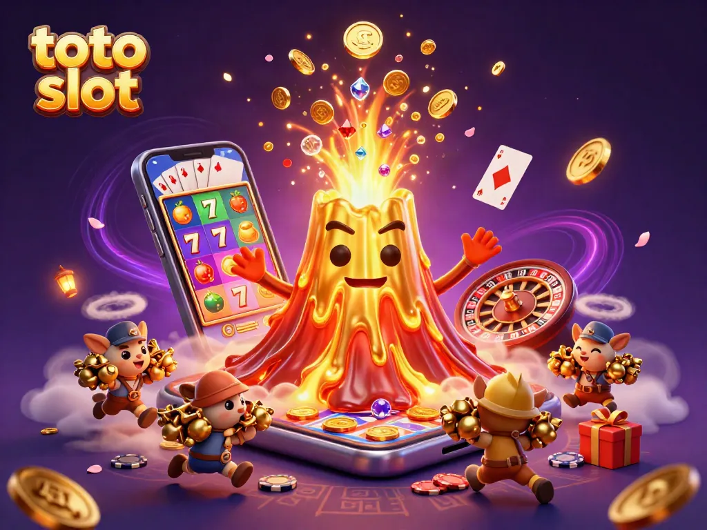 Spin the reels at toto slot as a golden volcano erupts coins and gems, immersing players in excitement.