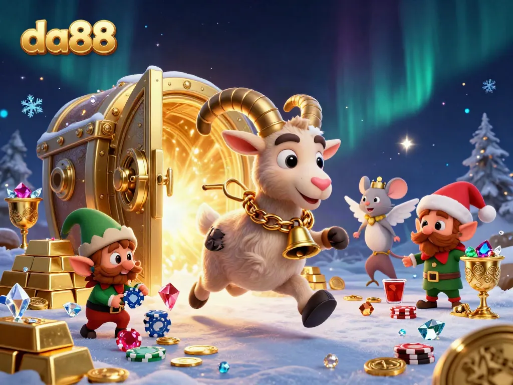 Engage in thrill and fun at da88's holiday-horror casino featuring cartoon Krampus, angel mouse, and mischievous elves.