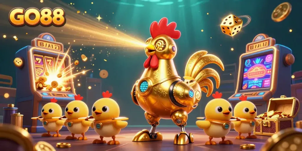 Experience thrilling wins with GO88 as a golden robot leads a dynamic casino scene.